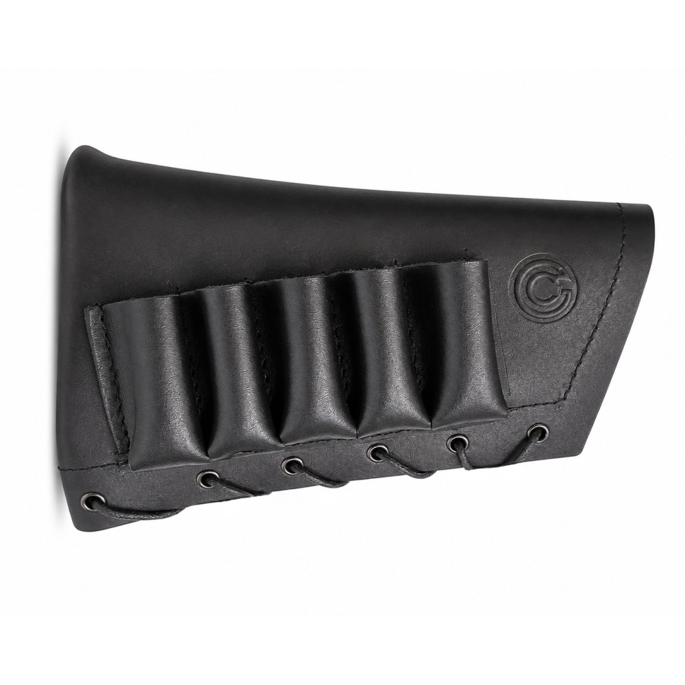 LEATHER BUTTSTOCK COVER WITH 5-SHELL HOLDER, 12/16 GAUGE – BLACK