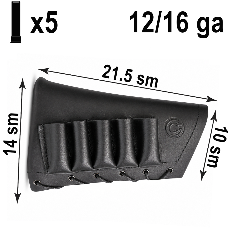 LEATHER BUTTSTOCK COVER WITH 5-SHELL HOLDER, 12/16 GAUGE – BLACK