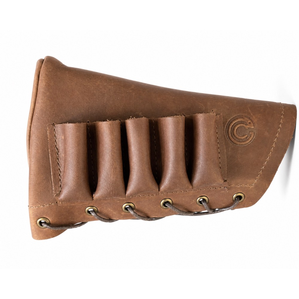 LEATHER BUTTSTOCK COVER WITH 5-SHELL HOLDER, 12/16 GAUGE – BROWN