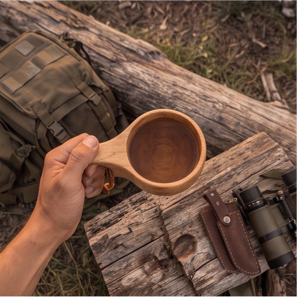 ECO WOODEN CUP MADE OF RUBBER WOOD 250 ML FOR HUNTING, CAMPING AND HIKING